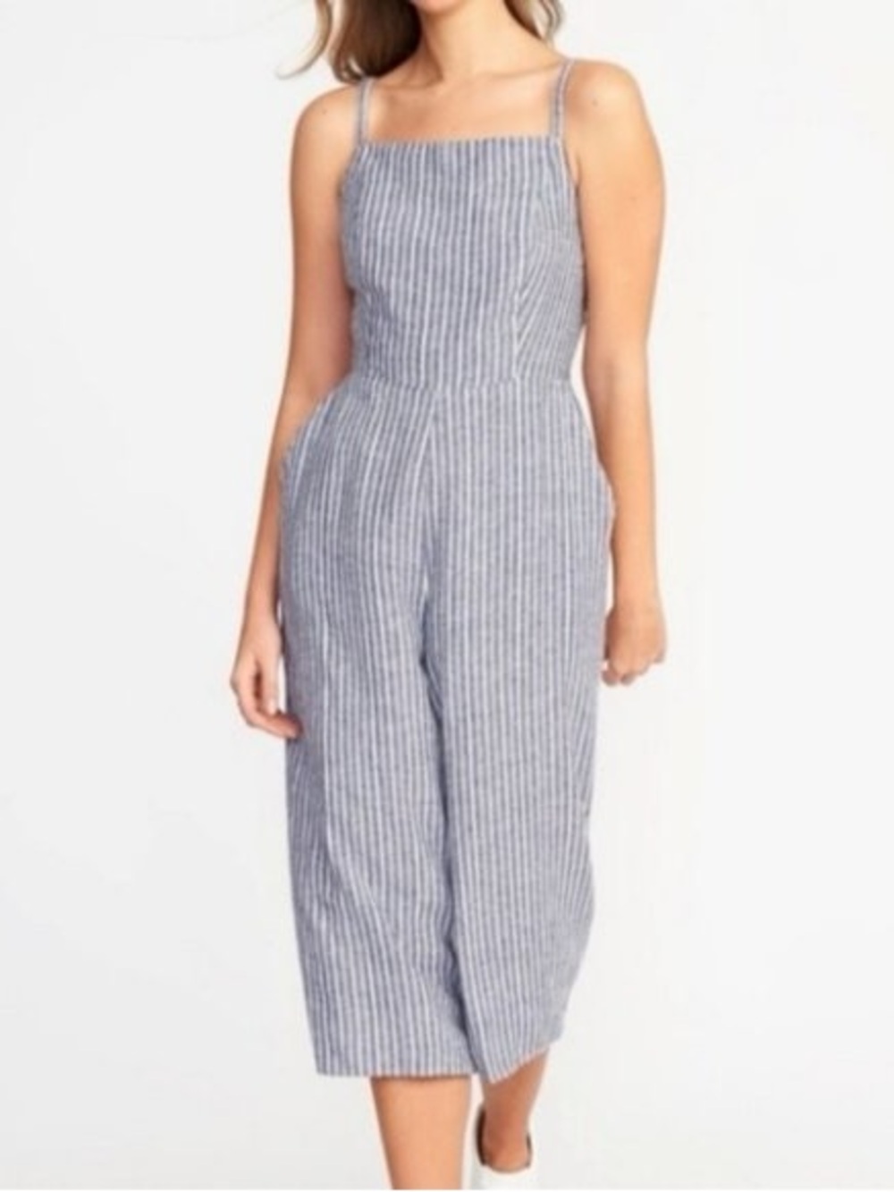 Old Navy Striped Linen-Blend Square Neck Jumpsuit  Size M Petite